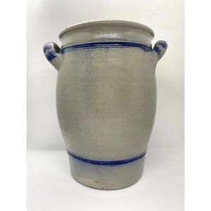 Antique Stoneware Crock 1880s Primitive Salt Glaze Cobalt Blue